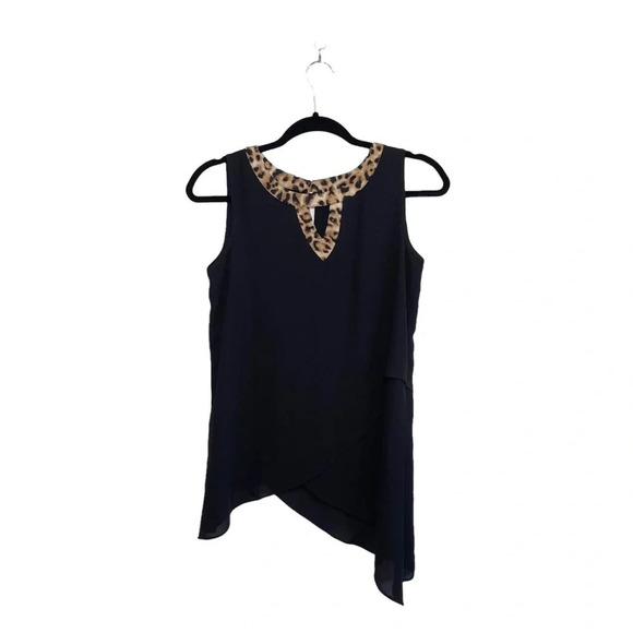 Cato Black & Leopard Collar Keyhole Front Asymmetrical Tank Top Xsmall Women’s - Picture 1 of 12